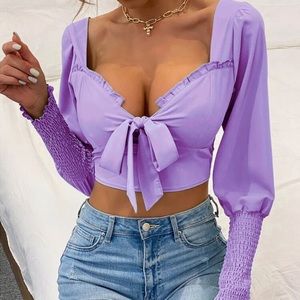 Knot Front Frill Shirred Crop Blouse